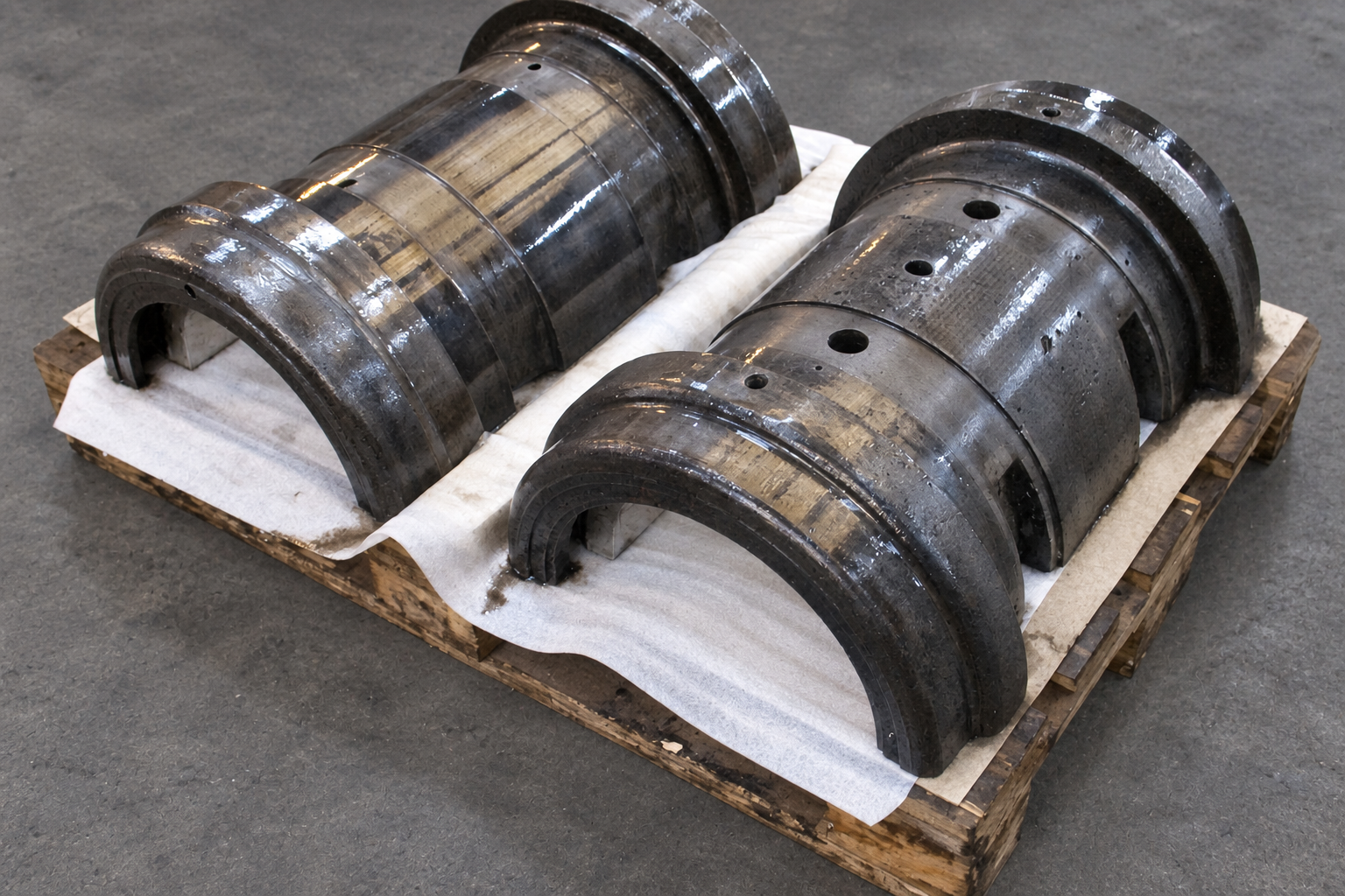 Worn split bearing shells before repair