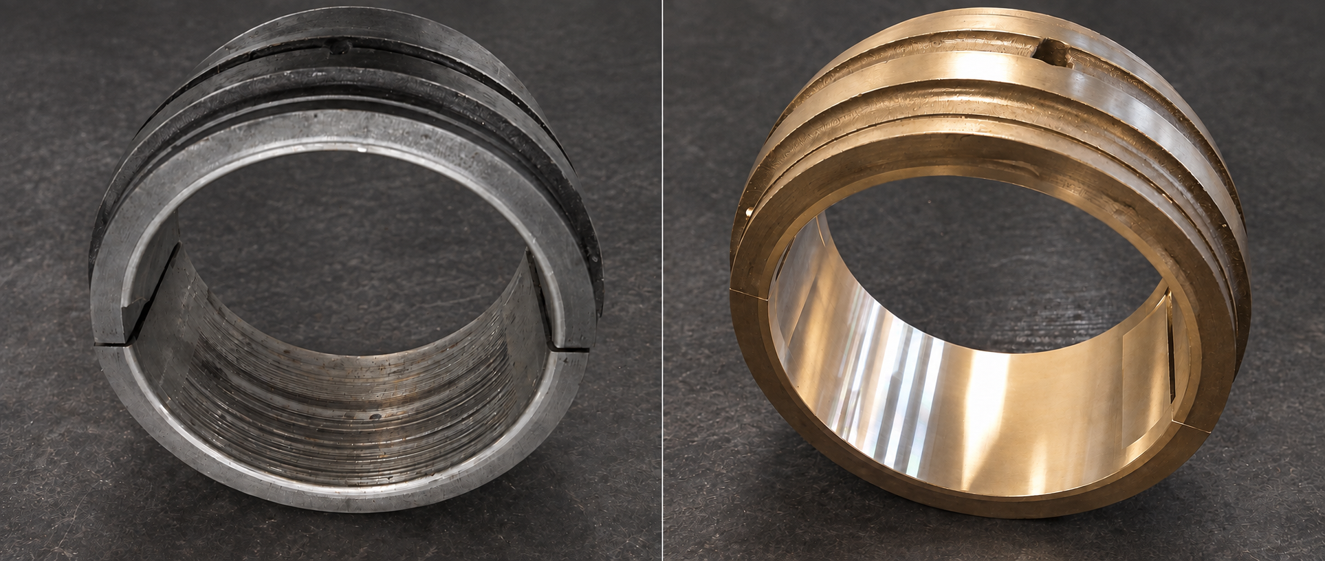 Round bearing before and after white metal refurbishment